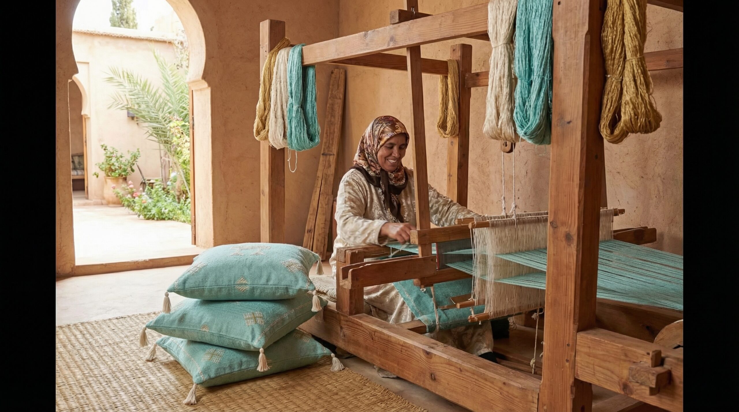 Artesana marroquí tejiendo cojines de sabra