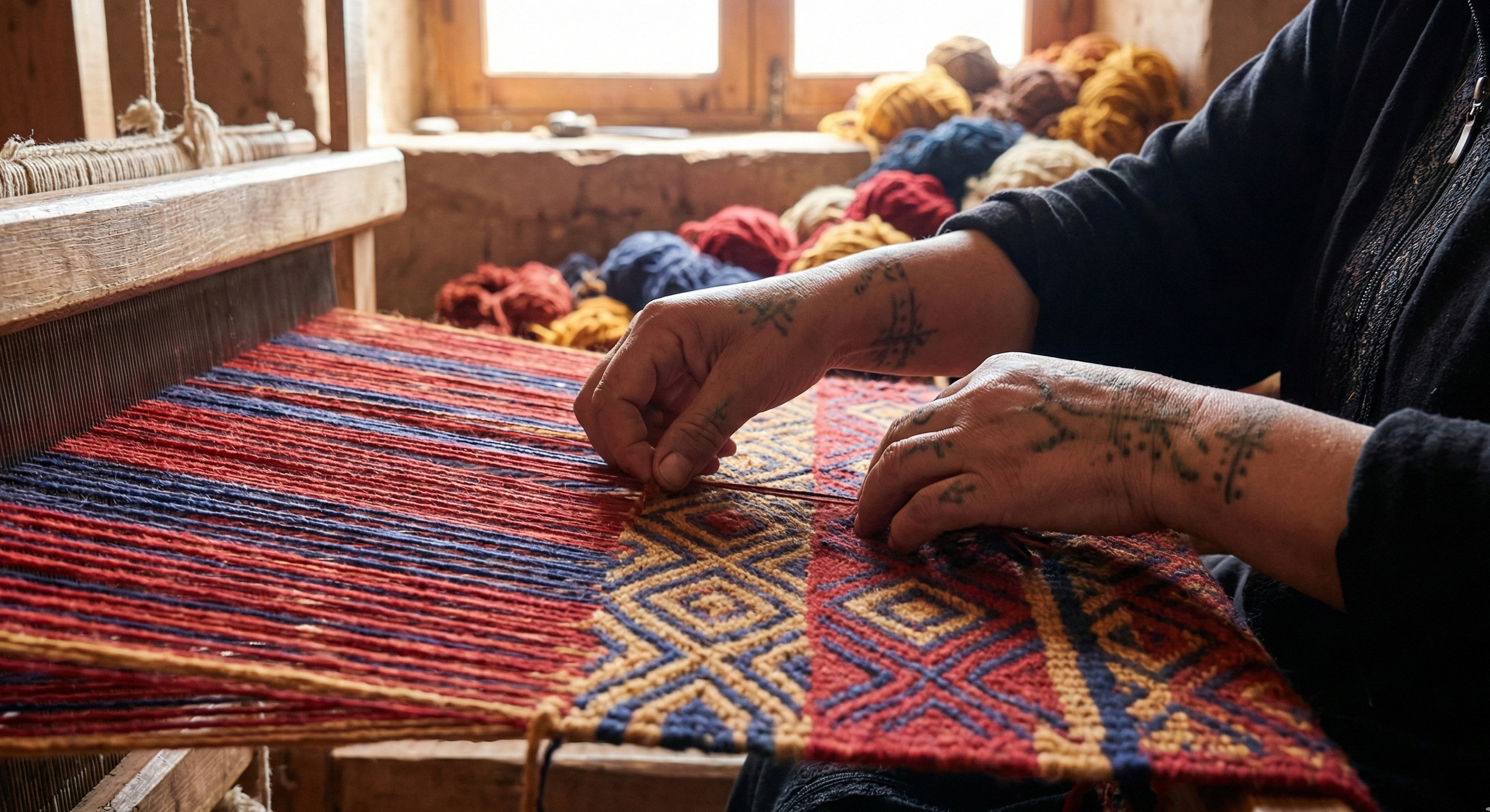 Primer plano de manos de artesana amazigh con tatuajes tradicionales tejiendo una alfombra Kilim con patrones geométricos coloridos en un telar de madera.