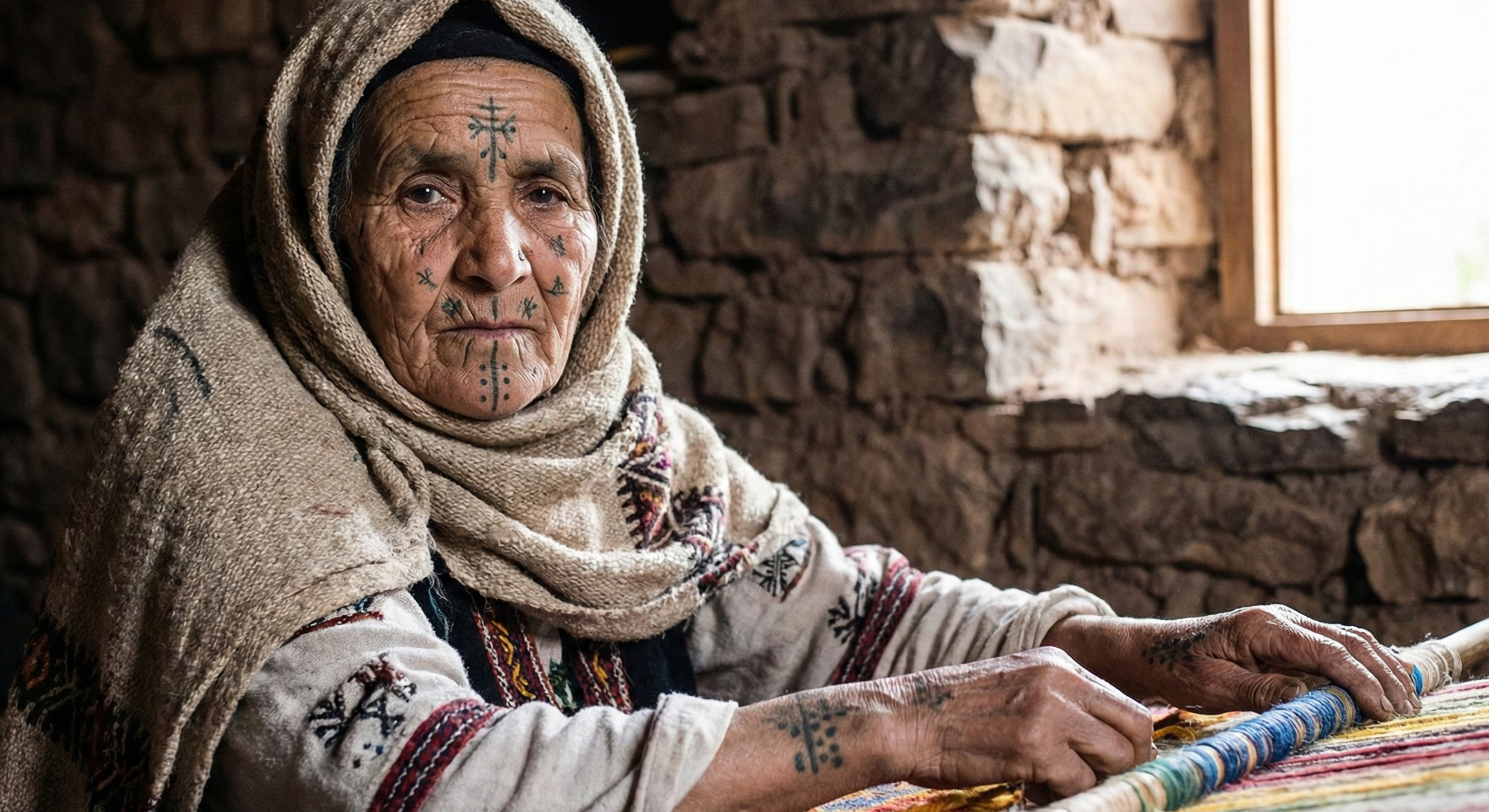 Un retrato conmovedor de una anciana mujer amazigh (bereber) en las montañas del Atlas, Marruecos. Su rostro es un lienzo de historia, marcado con los tatuajes tradicionales conocidos como 'lousham'. Se pueden apreciar la 'Siyala' (línea vertical con puntos en la barbilla) y símbolos protectores en la frente y mejillas, antiguamente usados para alejar a los malos espíritus (Jnoun). Sus manos, también tatuadas para potenciar la destreza manual, descansan sobre el telar, capturando el momento exacto en que la simbología ancestral se transfiere de la piel a la lana de las alfombras.