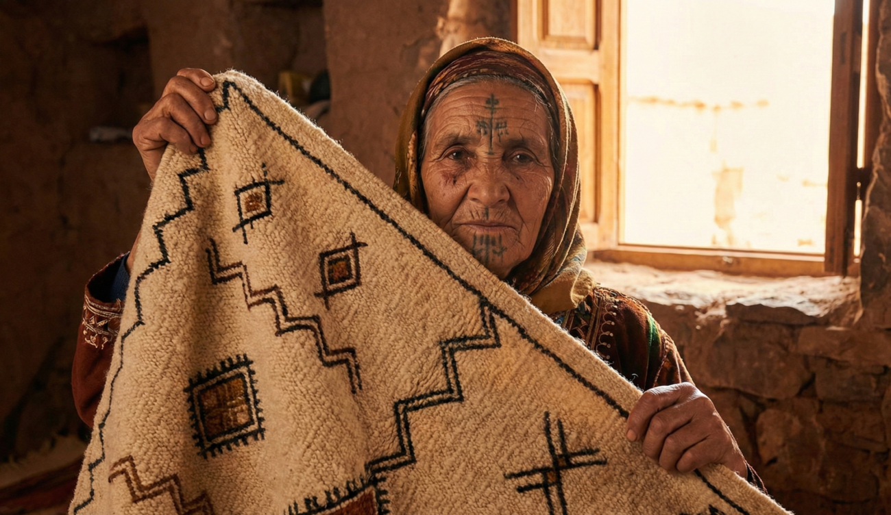 Retrato de portada de una anciana mujer amazigh con tatuajes faciales tradicionales sosteniendo una alfombra marroquí artesanal con símbolos geométricos, mostrando la conexión cultural entre la piel y la lana.