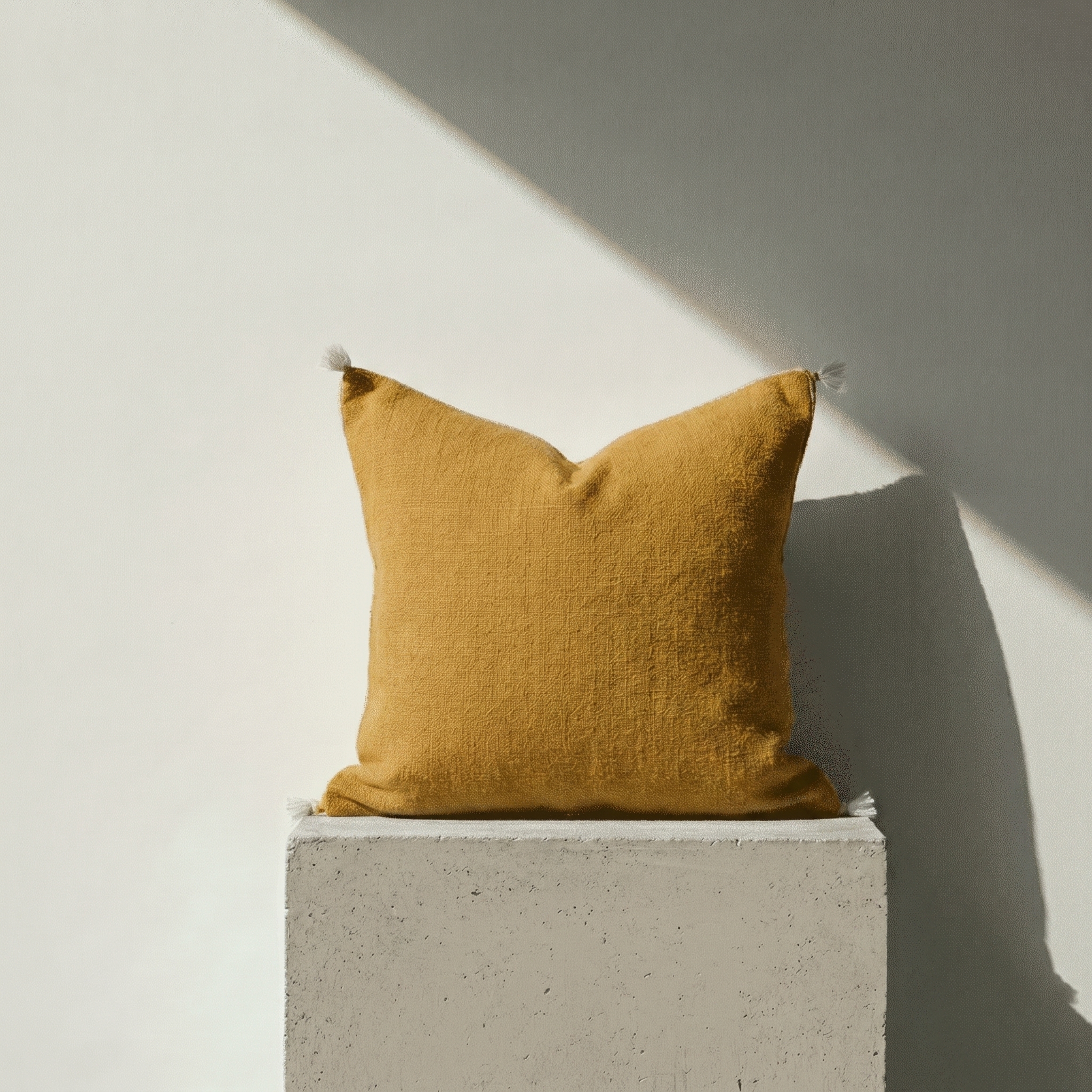 Cojín cuadrado de seda de cactus color Azafran con bordados bereberes tradicionales sobre un pedestal de cemento iluminado por luz natural