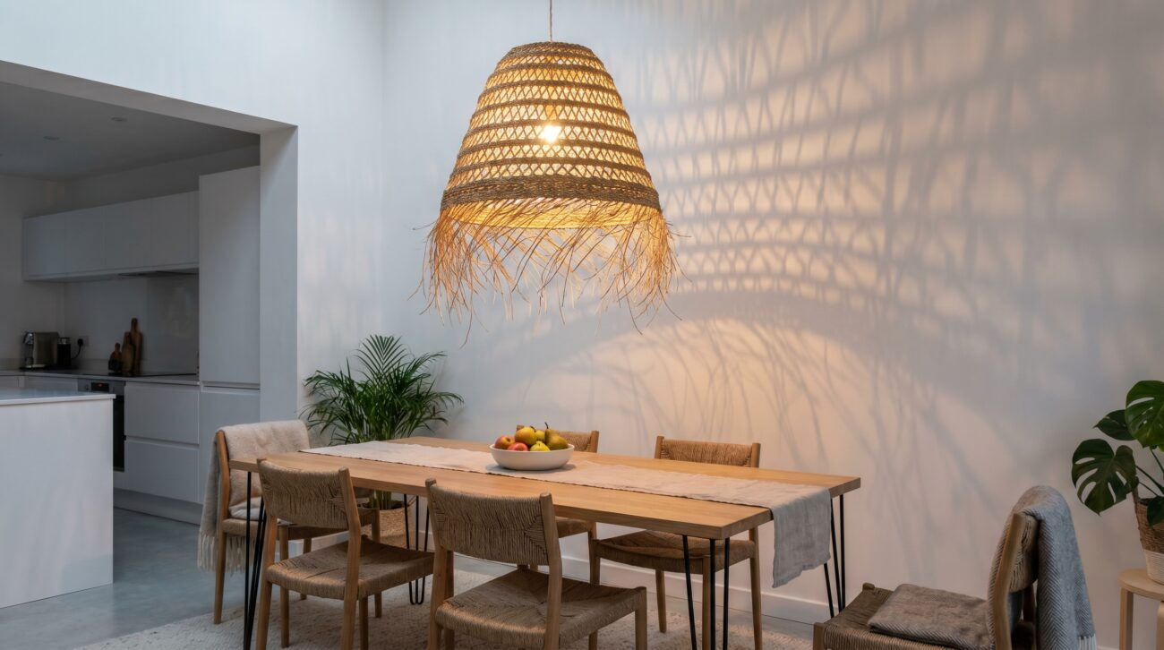 Comedor de estilo Scandi-Boho con una mesa de roble claro iluminada por una gran lámpara colgante de rafia marroquí que proyecta sombras cálidas sobre la pared blanca.