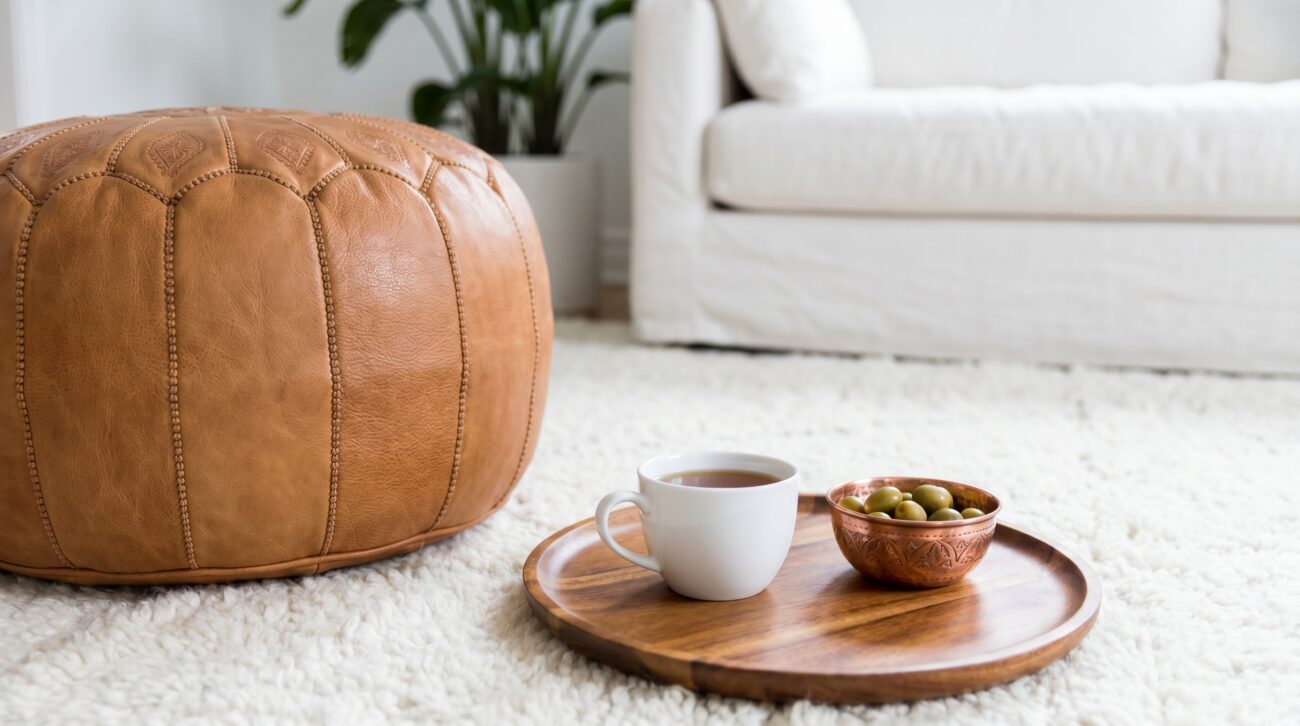Primer plano de un puf de cuero marroquí color camel usado como mesa auxiliar con una bandeja de madera, taza de té y cuenco de cobre, sobre una alfombra Beni Ouarain.