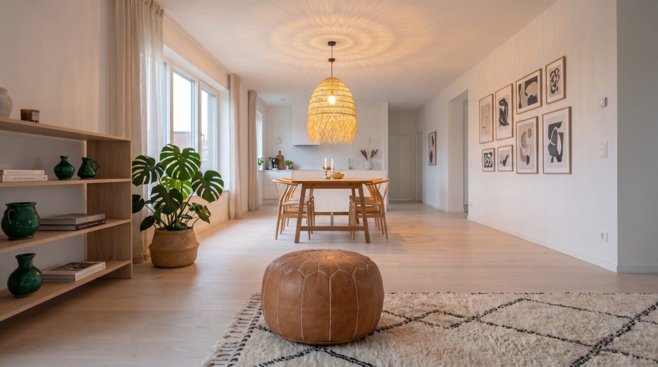 Salón y comedor de concepto abierto estilo Scandi-Boho con paredes blancas, puf de cuero marroquí color camel, alfombra Beni Ouarain, lámpara de rafia iluminada y cesto de esparto.