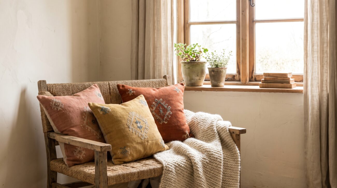 A minimalist armchair is decorated with three vibrant, textured Sabra silk cushions in faded earthy tones terracotta, mustard yellow, and burnt orange