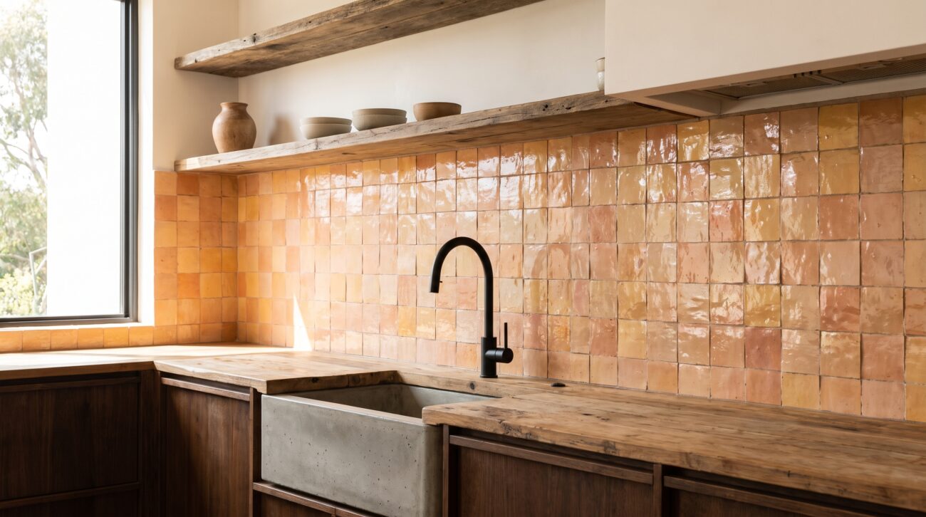 Cocina con decoracion escandinava minimalista y con el zellige marroqui