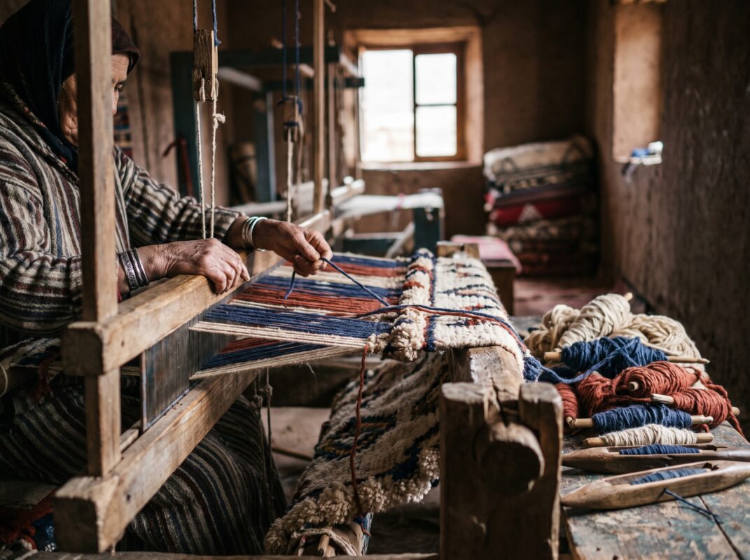 Primer plano de las manos de una mujer artesana tejiendo hilos de lana en un telar de madera tradicional en un taller de Marruecos, con madejas de hilo azul, blanco y terracota en primer plano.