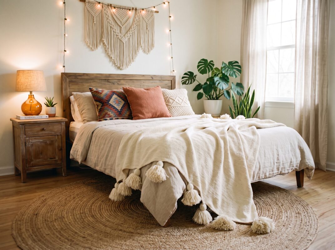 Mantas Marroquíes con Pompones Dormitorio de estilo boho chic con cama de matrimonio decorada con una colcha beige y una manta marroquí blanca con pompones grandes de algodón en el pie de cama. Al fondo, un cabecero de madera, un tapiz de macramé y una planta Monstera junto a la ventana.