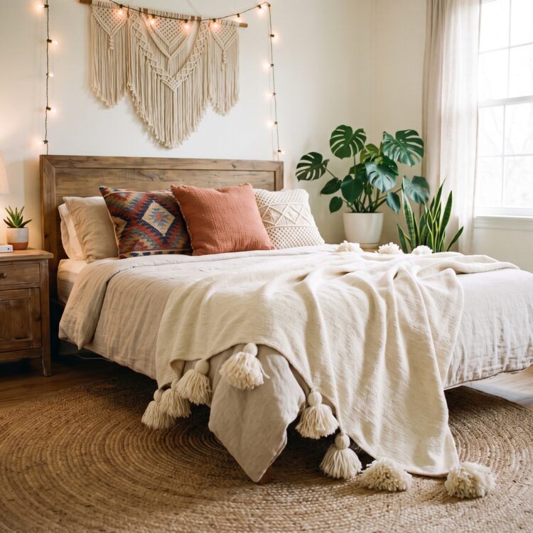 Mantas Marroquíes con Pompones Dormitorio de estilo boho chic con cama de matrimonio decorada con una colcha beige y una manta marroquí blanca con pompones grandes de algodón en el pie de cama. Al fondo, un cabecero de madera, un tapiz de macramé y una planta Monstera junto a la ventana.