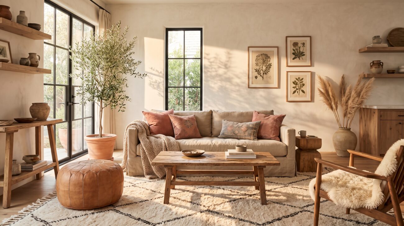 sunlit living room blending Scandi-Boho and Wabi-Sabi styles