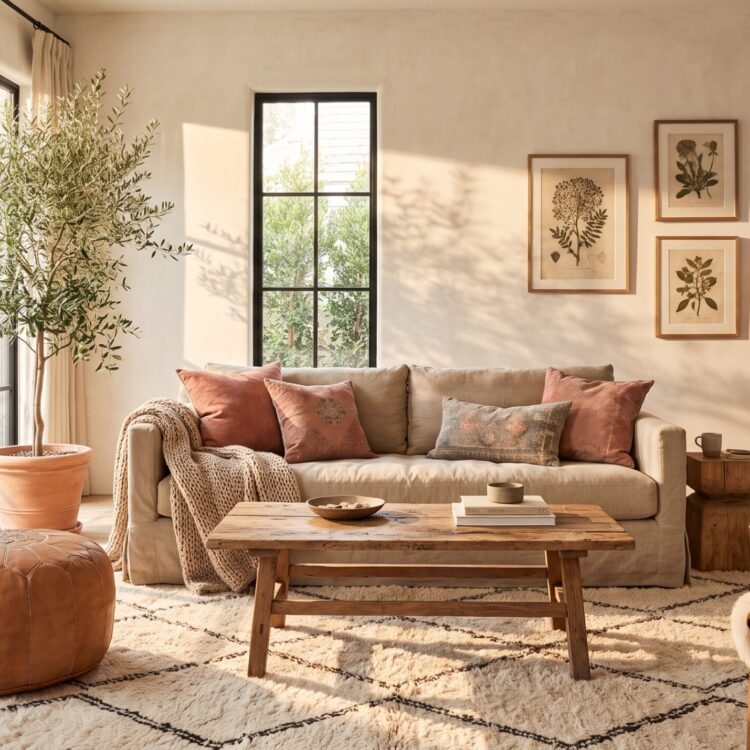sunlit living room blending Scandi-Boho and Wabi-Sabi styles